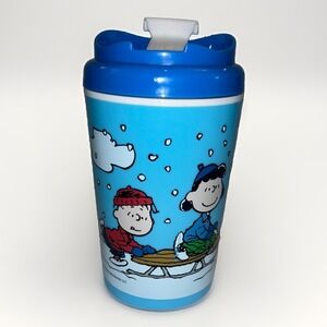Zak Peanuts 12oz Travel Tumbler Charlie Brown Lucy Snoopy Sledding Blue Mug
